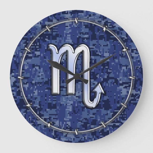 Scorpio Zodiac Symbol on Navy Blue Camo Large Clock (Front)