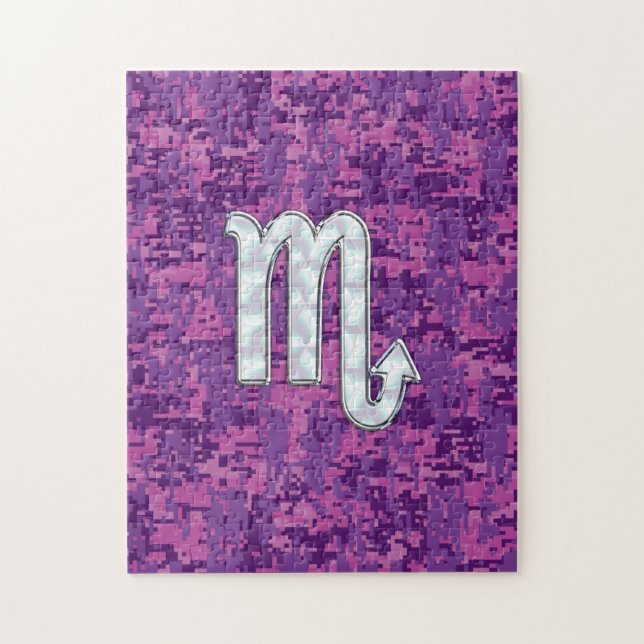 Scorpio Zodiac Symbol on Pink Digital Camo Jigsaw Puzzle (Vertical)