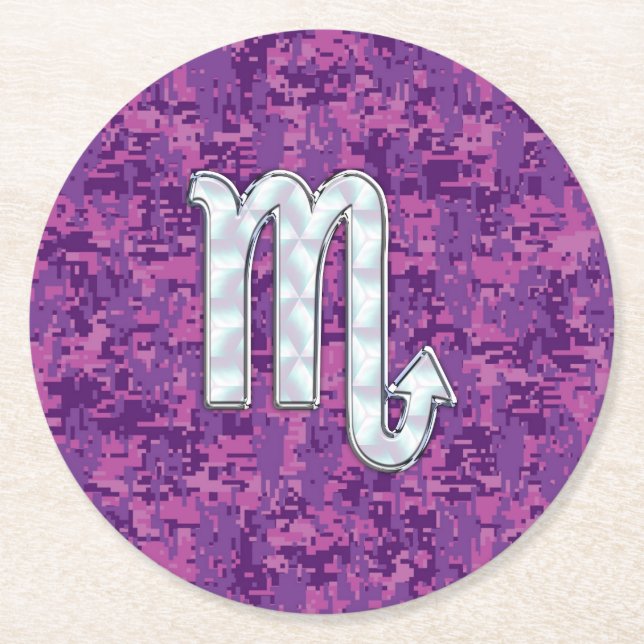 Scorpio Zodiac Symbol on Pink Digital Camo Round Paper Coaster (Front)