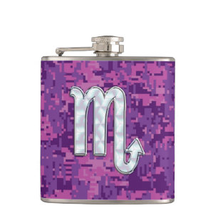 Scorpio Zodiac Symbol on Pink Digital Camouflage Hip Flask