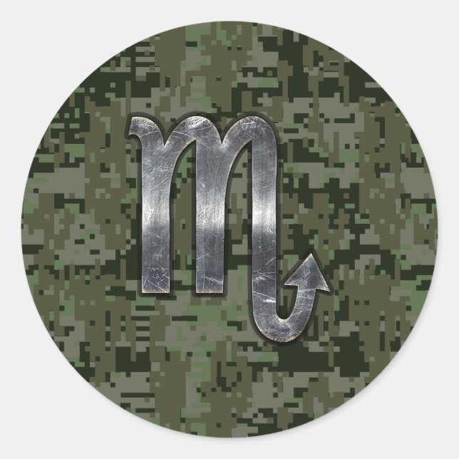 Scorpio Zodiac Symbol Woodland Digital Camo Classic Round Sticker (Front)