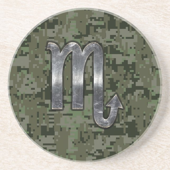 Scorpio Zodiac Symbol Woodland Digital Camo Coaster (Front)