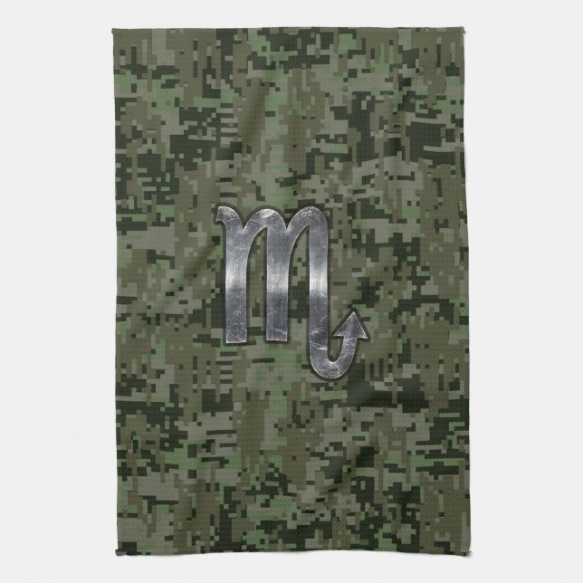 Scorpio Zodiac Symbol Woodland Digital Camo Kitchen Towel (Vertical)