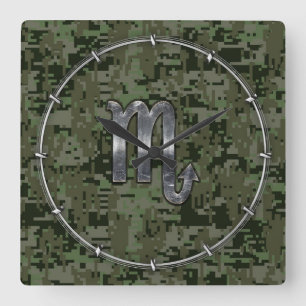 Scorpio Zodiac Symbol Woodland Digital Camo Square Wall Clock