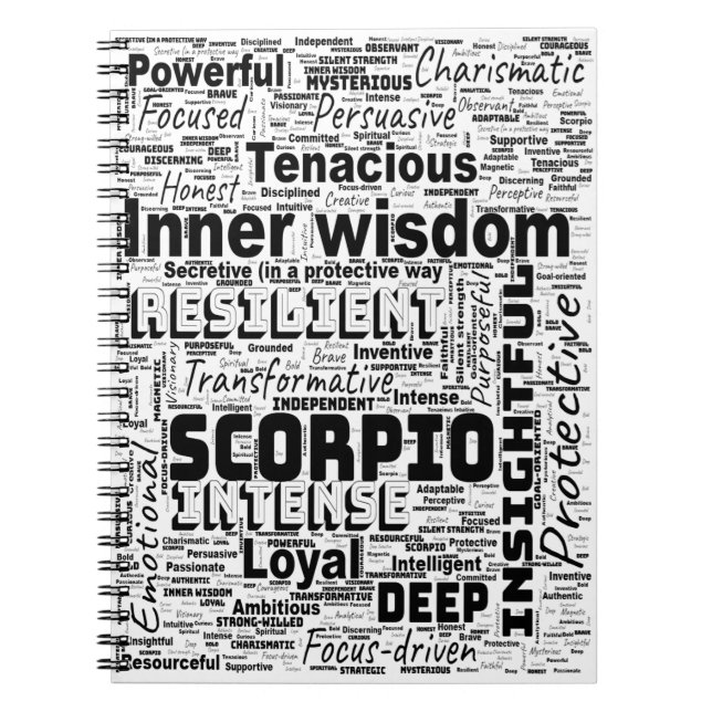 Scorpio Zodiac Word Cloud Inspiration Notebook (Front)