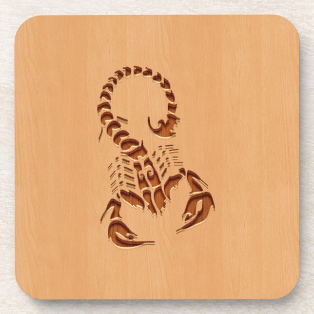 Scorpion silhouette engraved on wood design coaster (Front)