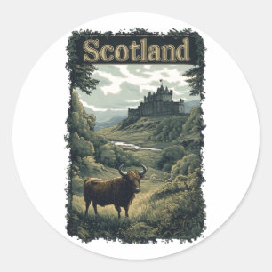 Scotland Design: Highland Cow, Castle, and Scenery Classic Round Sticker