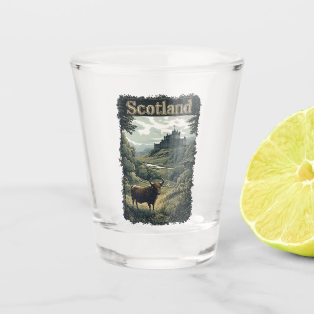 Scotland Design: Highland Cow, Castle, and Scenery Shot Glass (Front)