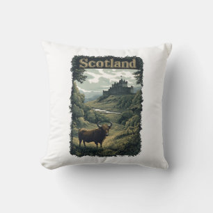 Scotland Design: Highland Cow, Castle, and Scenery Throw Pillow