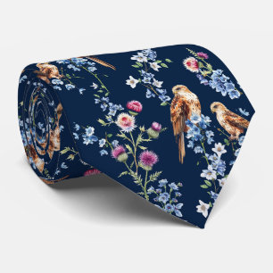 Scotland Eagle Thistle Bluebell Floral Navy Tie