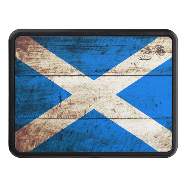 Scotland Flag on Old Wood Grain Trailer Hitch Cover (Front)