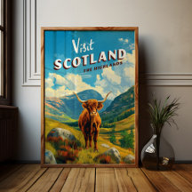 Scotland Highlands Vintage Travel Poster Cow