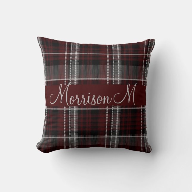 Scotland Tartan Burgundy Grey Plaid Monogram Throw Pillow (Front)
