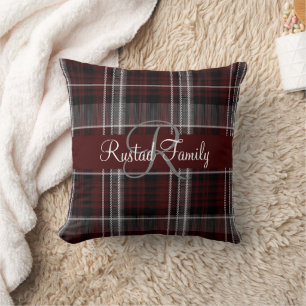 Scotland Tartan Burgundy Grey Plaid Monogram Throw Pillow