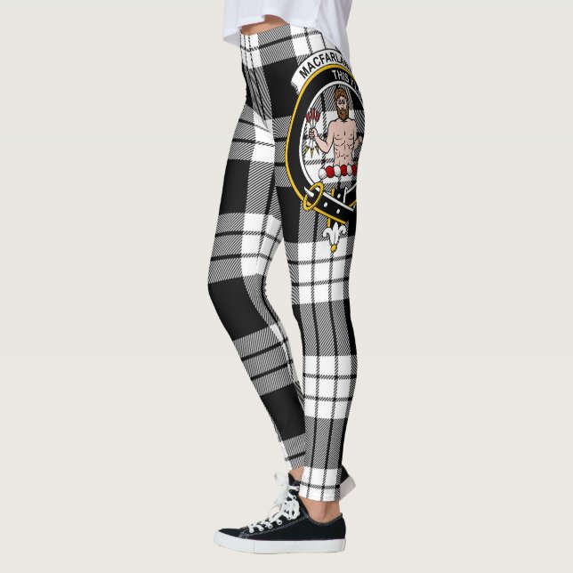Scotstee Clan MacFarlane Black & White Crest Tarta Leggings (Left)