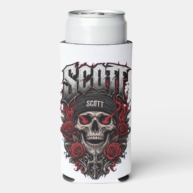 Scott Gothic Skull Personalized Name Design Seltzer Can Cooler (Seltzer Back)