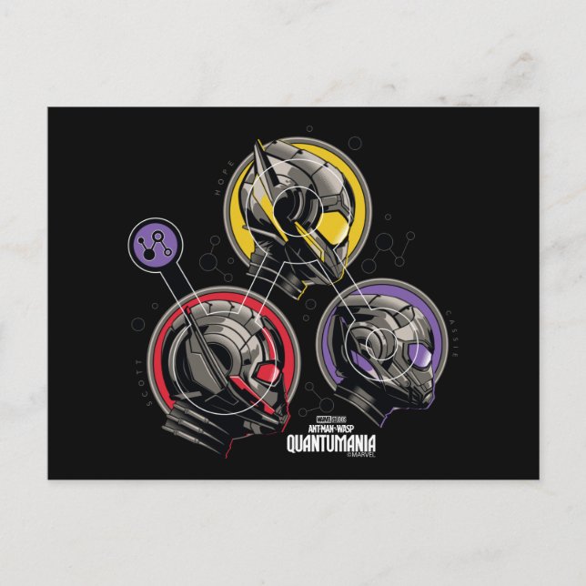 Scott, Hope, & Cassie Pym Particle Helmet Graphic Postcard (Front)