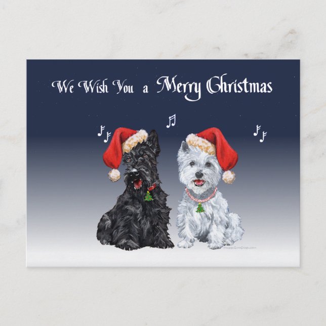 Scottie and Westie Caroling Holiday Postcard (Front)