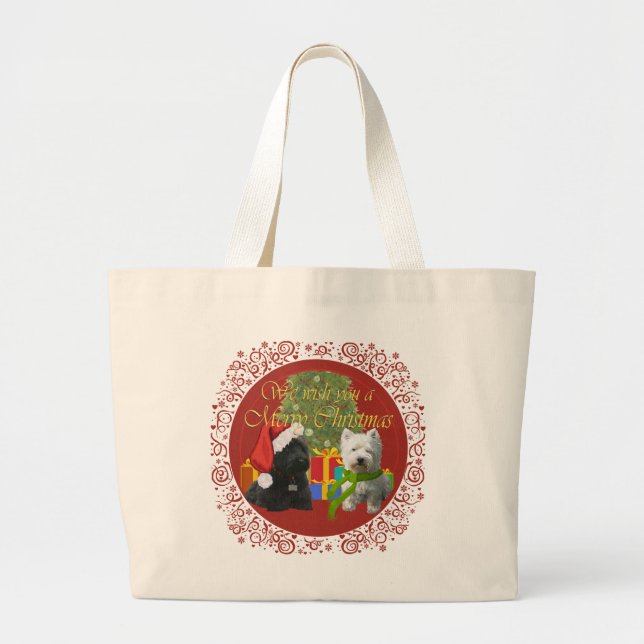 Scottie and Westie Merry Christmas Large Tote Bag (Front)