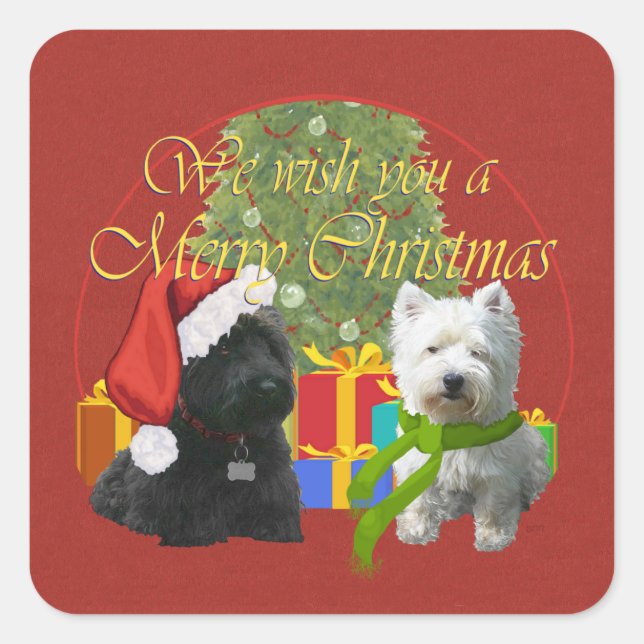 Scottie and Westie Merry Christmas Square Sticker (Front)