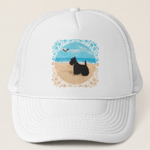 Scottie at the Beach with Seagull Trucker Hat