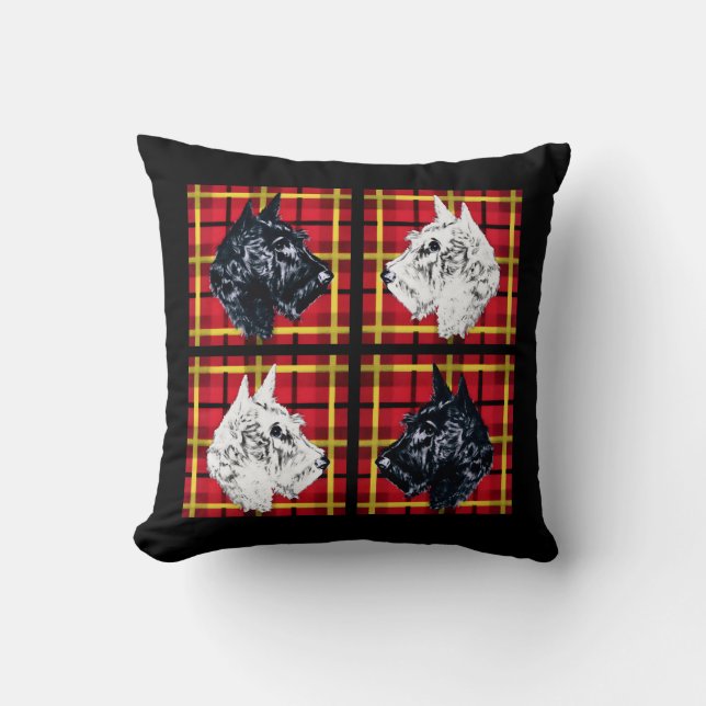 Scottie dog black and white red plaid Scotties Throw Pillow (Front)