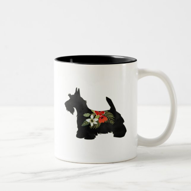 Scottie Dog Breed Boho Floral Silhouette Two-Tone Coffee Mug (Right)
