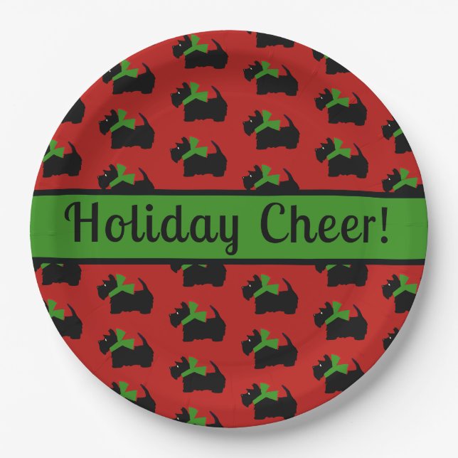 Scottie Dog Holiday Personalized Red Green Paper Plate (Front)