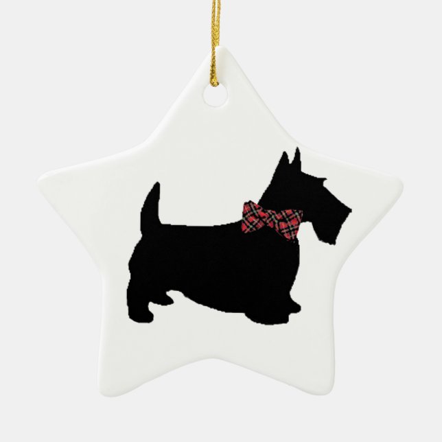 Scottie Dog in Plaid Bow Tie Ceramic Ornament (Front)