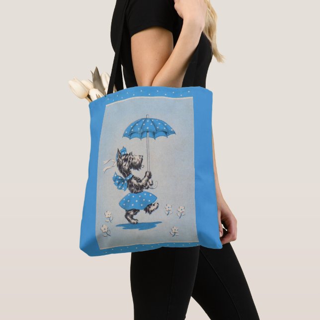 Scottie dog lady carrying umbrella tote bag (Close Up)