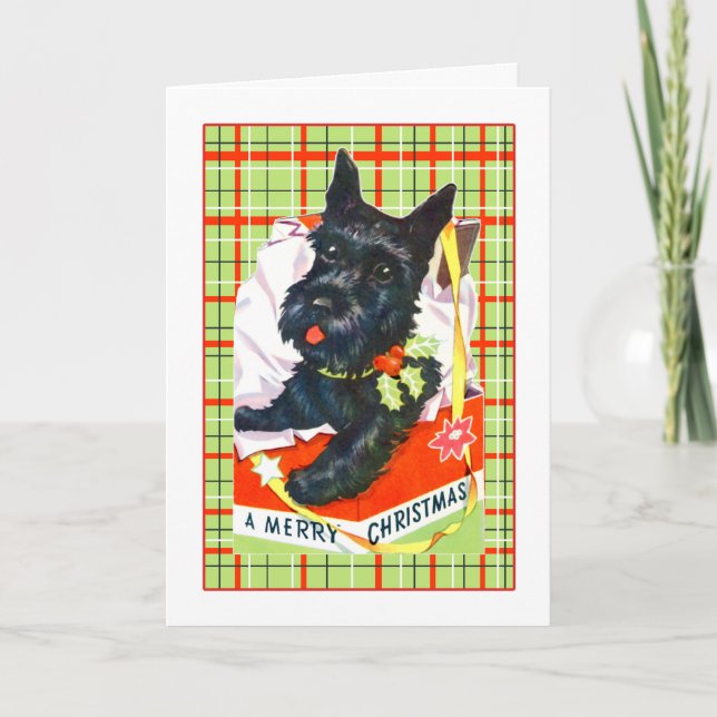 Scottie Dog Merry Christmas Card with plaid (Front)