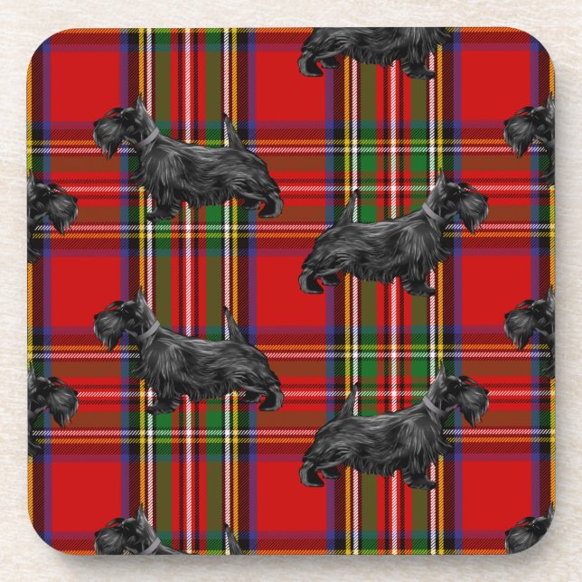 Scottie Dog on Red Scottish Tartan Coaster (Front)
