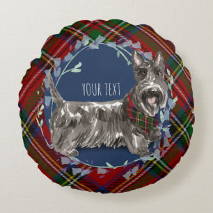 Scottie Dog Red Stewart Plaid  Round Pillow
