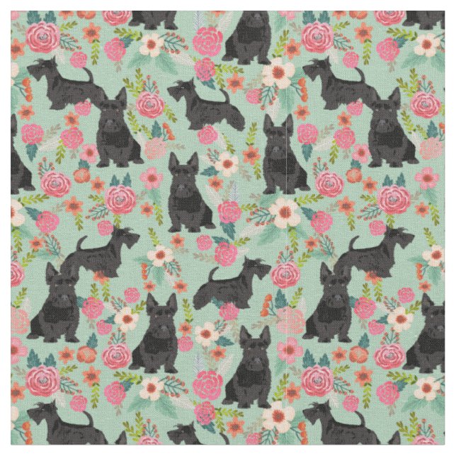 scottie dog vintage florals mint fabric (Close Up)