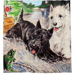 Scottie dogs Blackie and Whitie fishing