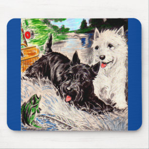 Scottie dogs Blackie and Whitie fishing Mouse Pad