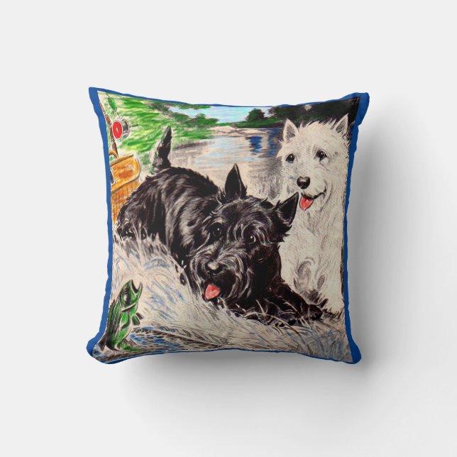 Scottie dogs Blackie and Whitie fishing print Throw Pillow (Front)