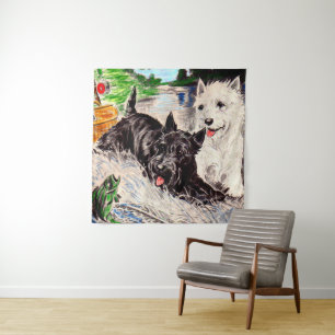 Scottie dogs Blackie and Whitie fishing Tapestry