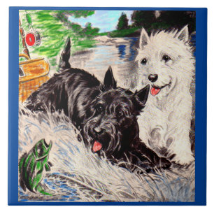 Scottie dogs Blackie and Whitie fishing Tile