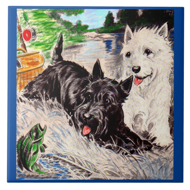 Scottie dogs Blackie and Whitie fishing Tile (Front)