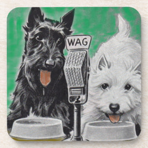 Scottie dogs Blackie and Whitie on the radio Coaster