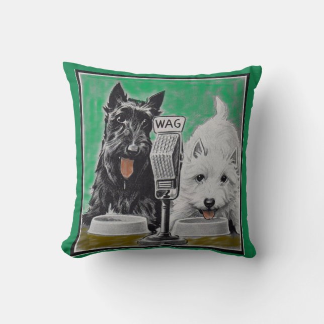 Scottie dogs Blackie and Whitie on the radio Throw Pillow (Front)