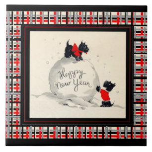 Scottie dogs Happy New Year Tile