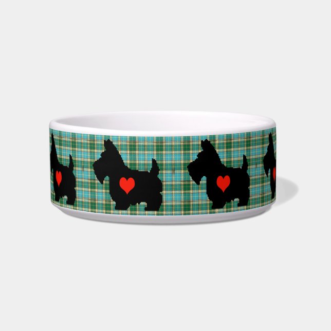 Scottie Heart Tartan Dog Bowl (Front)