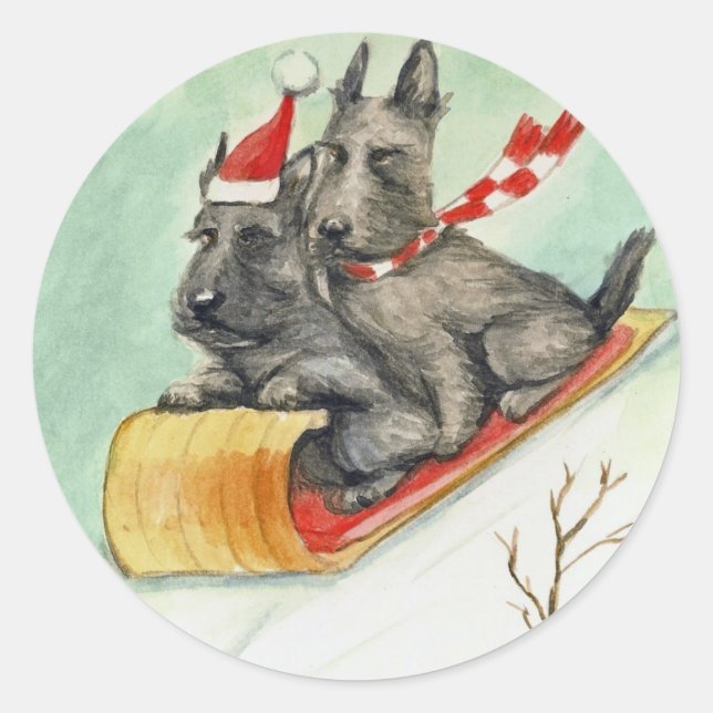 "Scottie Sleigh Ride" Dog Art Stickers (Front)
