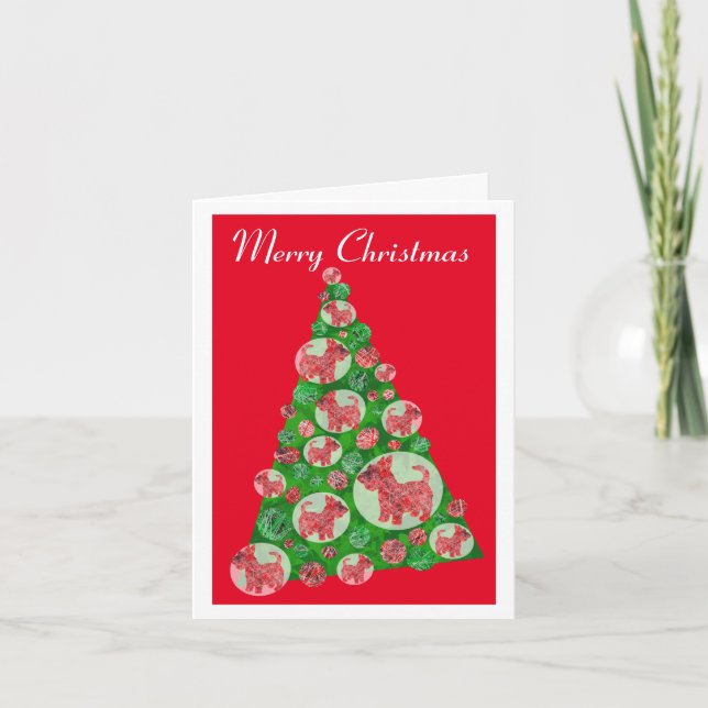 Scottie Terrier Dog Silhouette Christmas Tree Red Card (Front)