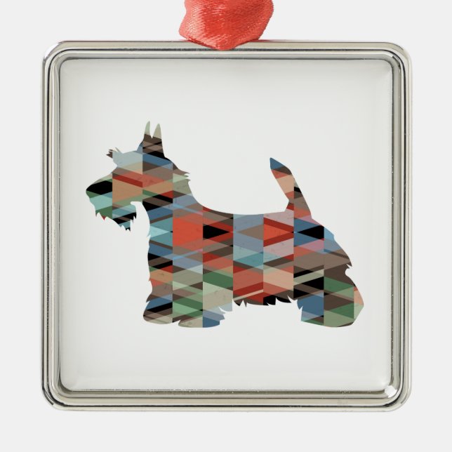 Scottie Terrier Geometric Pattern Silhouette Plaid Metal Ornament (Front)