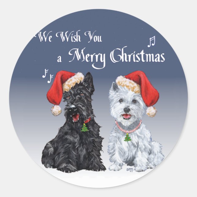 Scottie & Westie Christmas Carols Classic Round Sticker (Front)