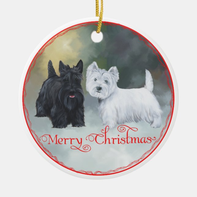 Scottie Westie  Christmas Ceramic Ornament (Front)