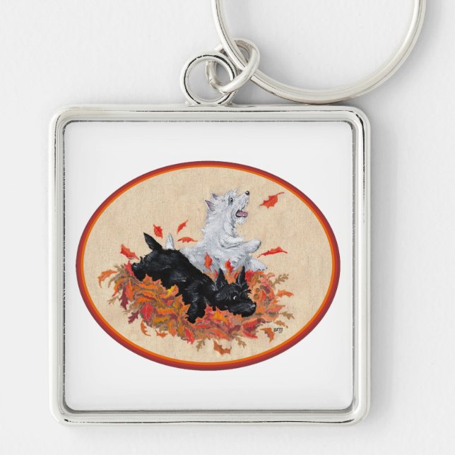 Scottie & Westie Fallen Leaves Keychain (Front)